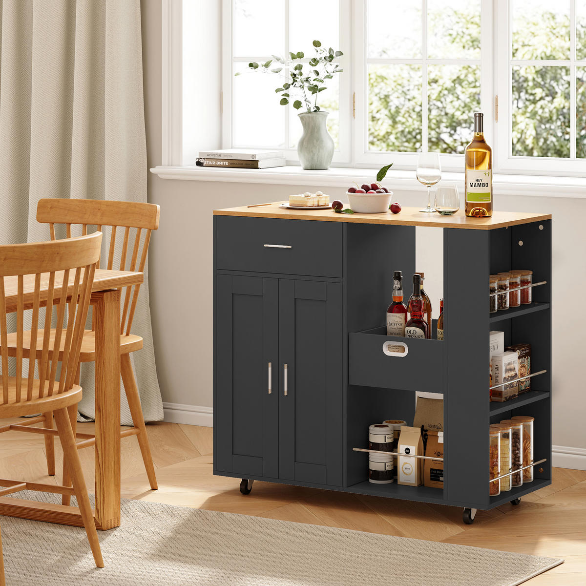 KÜCHENWAGEN rollbar 3 Ebenen Gewürzregal offen schwarz - Schwarz, Holz (46/92/102cm) - LEBENLANG