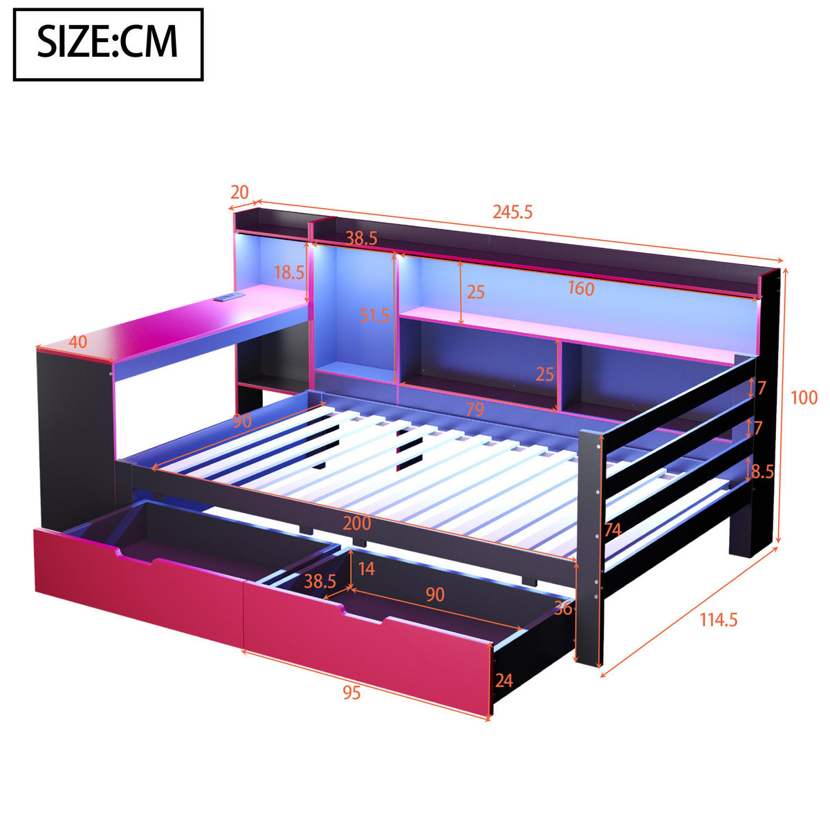 KREVET 90/200 cm s radnim stolom, policama, ladicama i LED osvjetljenjem, drveni okvir, Crna + Crvena - crna, drvni materijal (90/200cm) - Redom