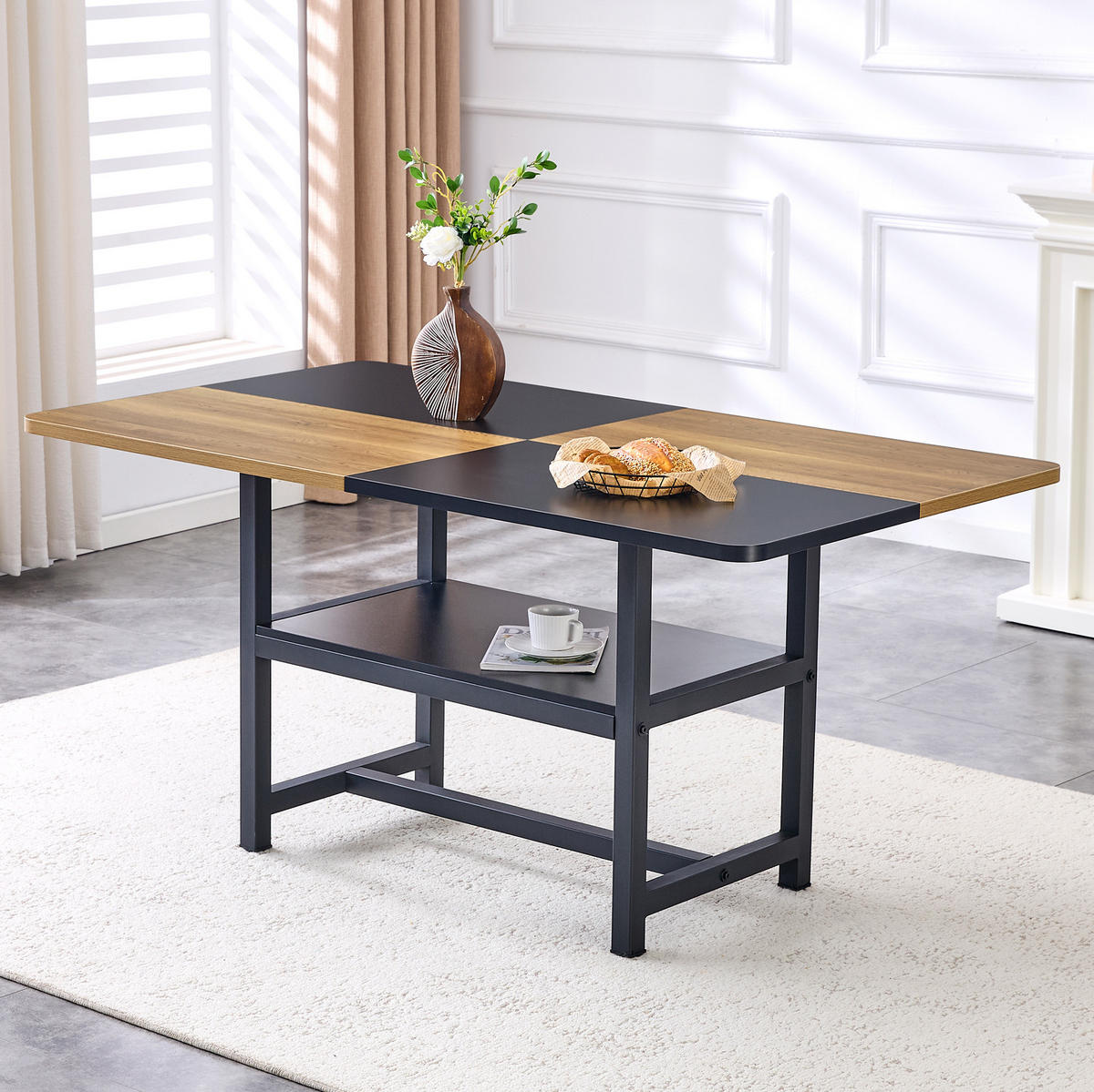 ESSTISCH aus MDF und Metall 160x90x76 cm Braun/Schwarz mit Ablagefach im Industriedesign - Schwarz, Holzwerkstoff (160/90/76cm) - Modfu
