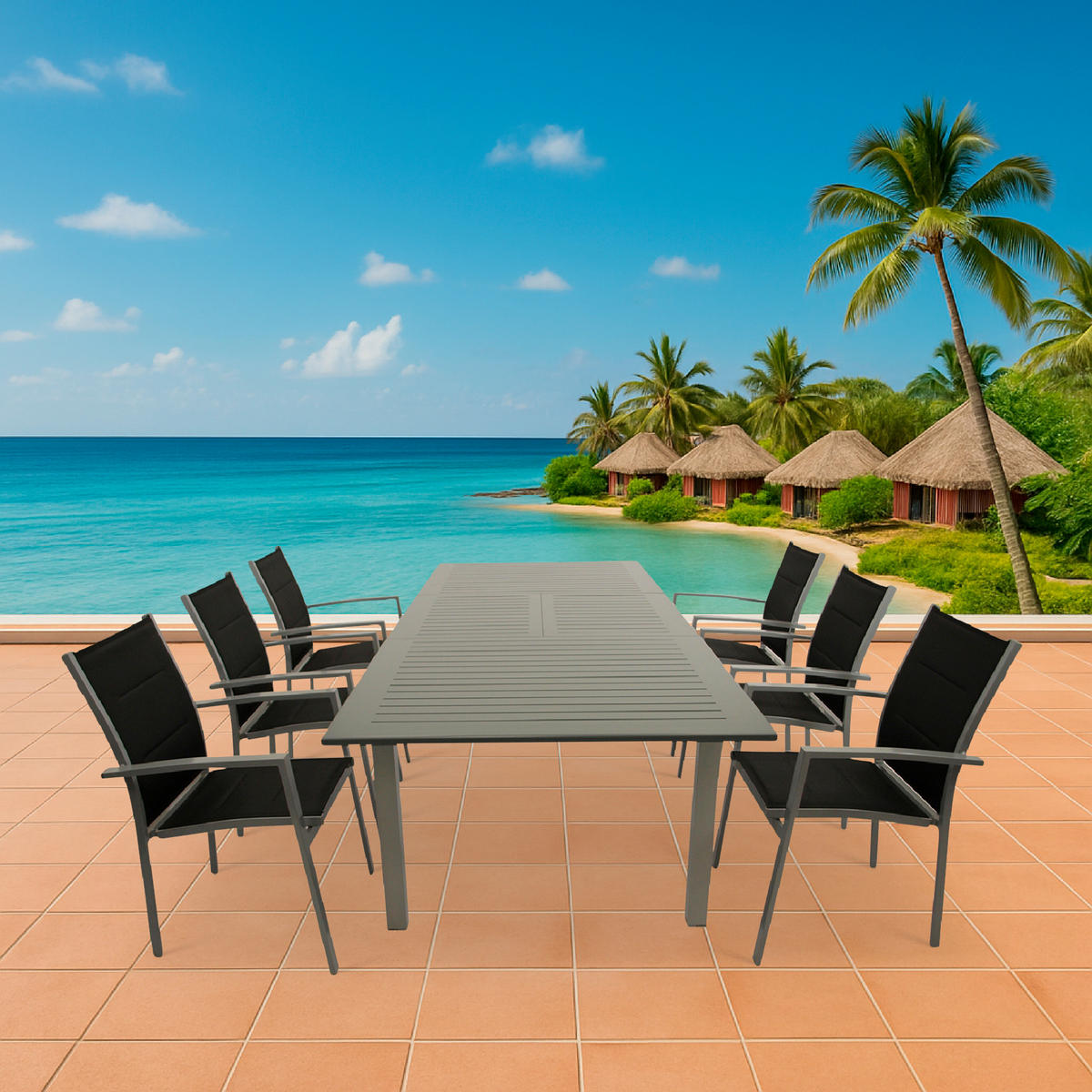 GARTEN-GARNITUR Ashford - 7-teilige Garten-Essgruppe (6x Stapelsessel mit Aluminiumgestell, Bespannung Textillehne schwarz, Ausziehtisch - Schwarz, Metall - TPFGarden