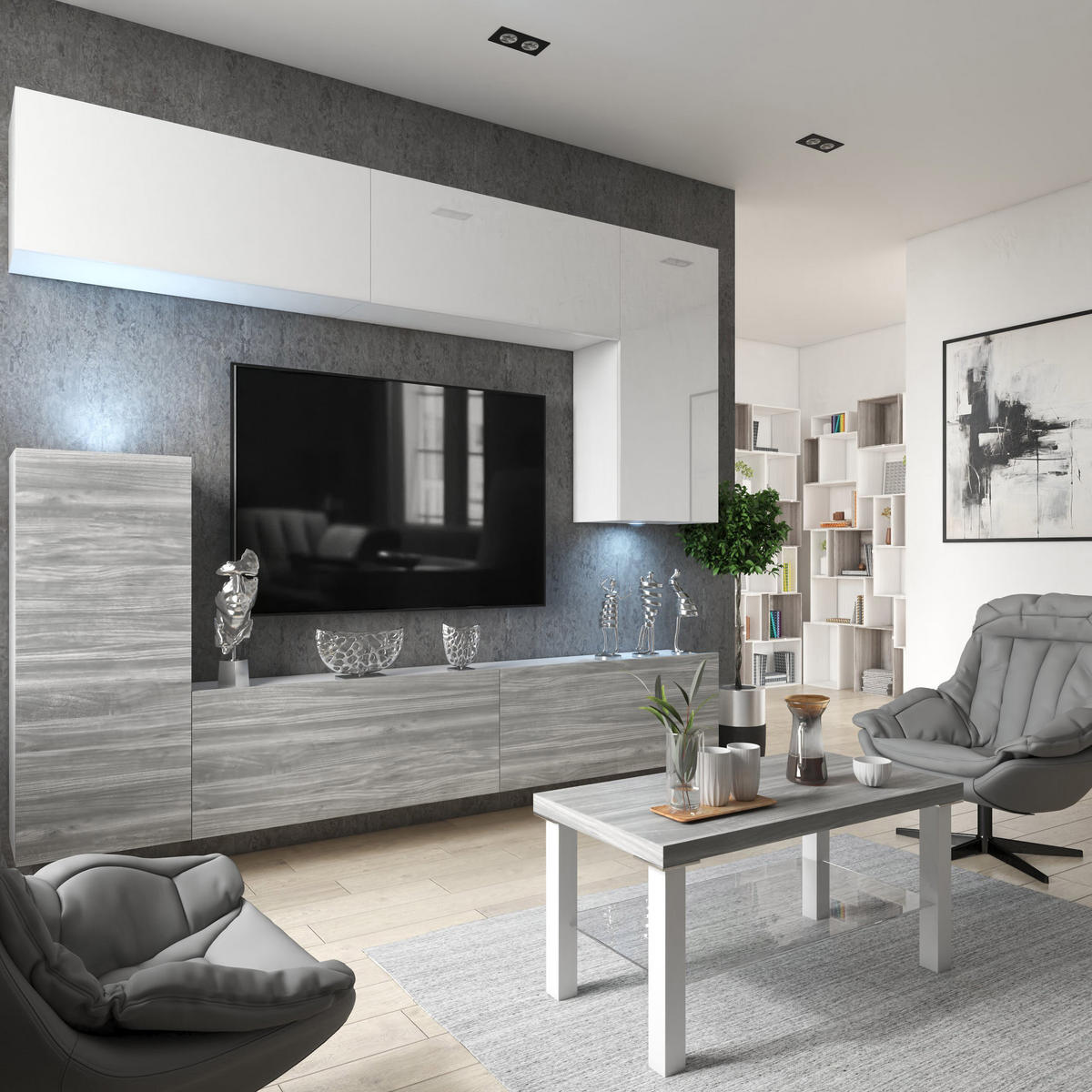 WOHNWAND Milano 8, Weiß Hochglanz/Grau Matt, 250 cm, Grifflos - Weiß, Holz (250/115/36cm) - B BELINI GROUP