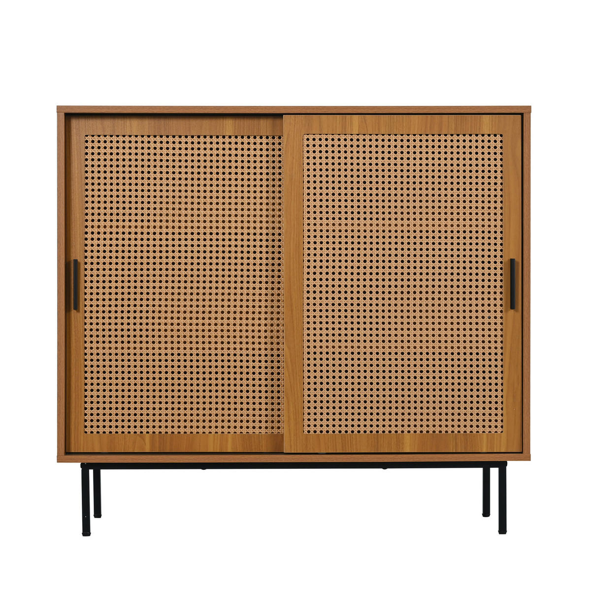 SIDEBOARD 100/37/90 cm in Walnuss mit 2 Schiebetüren und Rattan-Optik - Walnussfarben, Holzwerkstoff (100/90/37cm) - Flora Grace