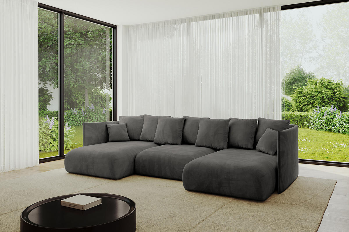 WOHNLANDSCHAFT mit Schlaffunktion und Bettkasten ONESK-U 304x165x40 Dunkelgrau Velours - Dunkelgrau, Holzwerkstoff/Kunststoff (304/90/165cm) - ALTDECOR