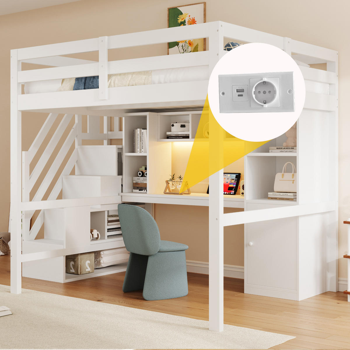 HOCHBETT 140/200 cm in Weiß mit Treppe, Schreibtisch, Regalen, Schränken, LED und Steckdosen aus Holz - Weiß, Holzwerkstoff - STILVORA