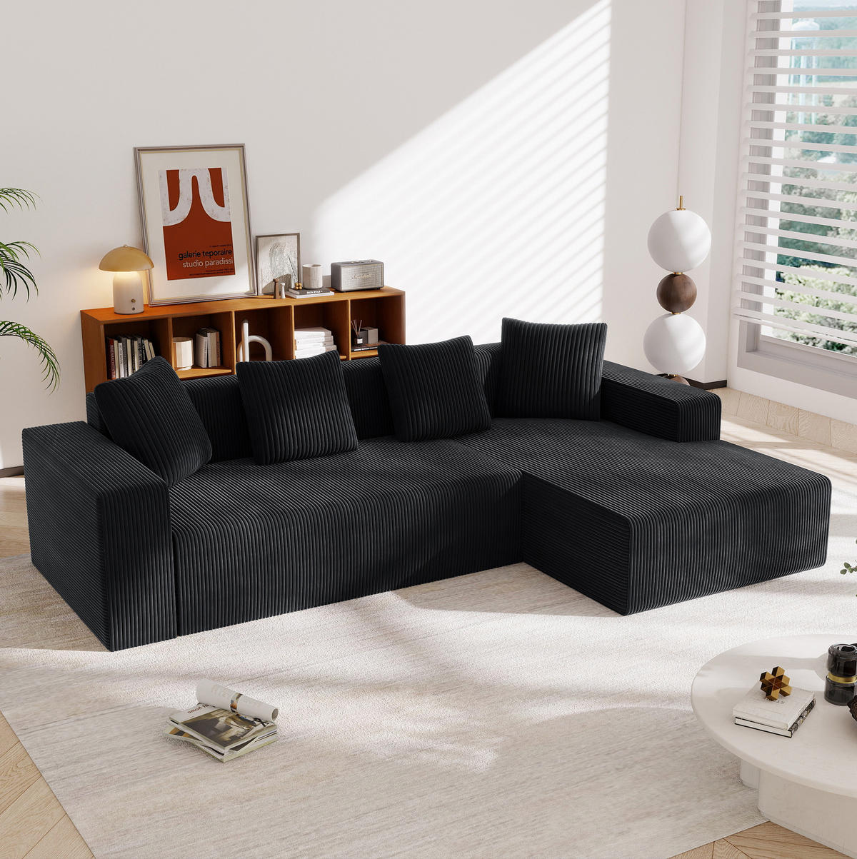 ECKSOFA 261/146/65 cm schwarz aus Cord mit Ottomane und Kissen - Schwarz, Textil (146/261cm) - OKWISH