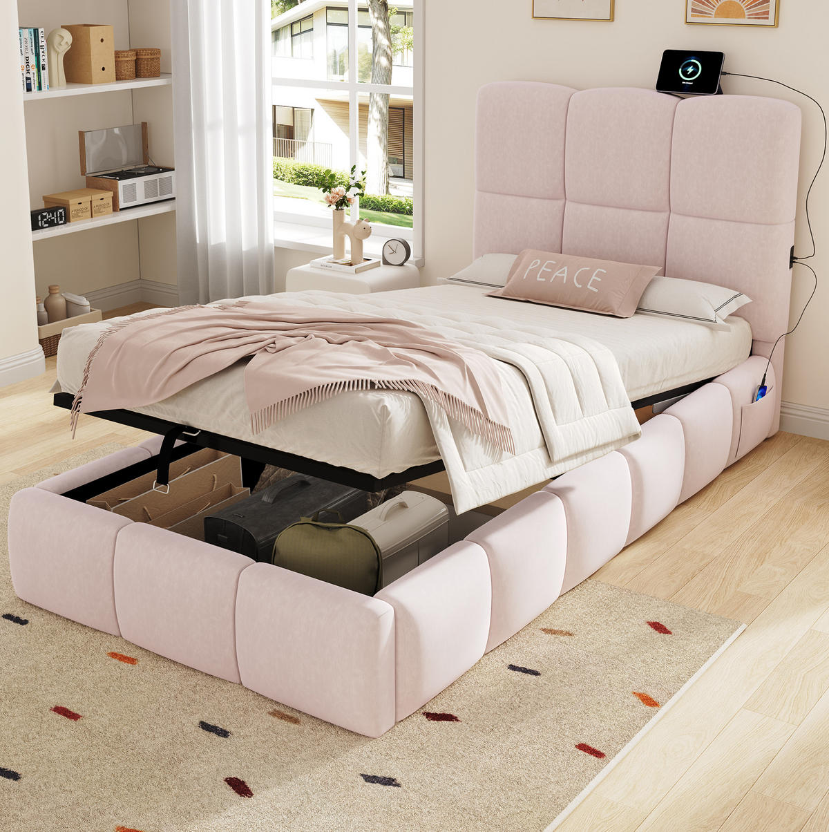 KINDERBETT 90/200 cm aus Samt mit Stauraum und USB-Anschluss Rosa - Pink, Textil (90/200cm) - Modenvie