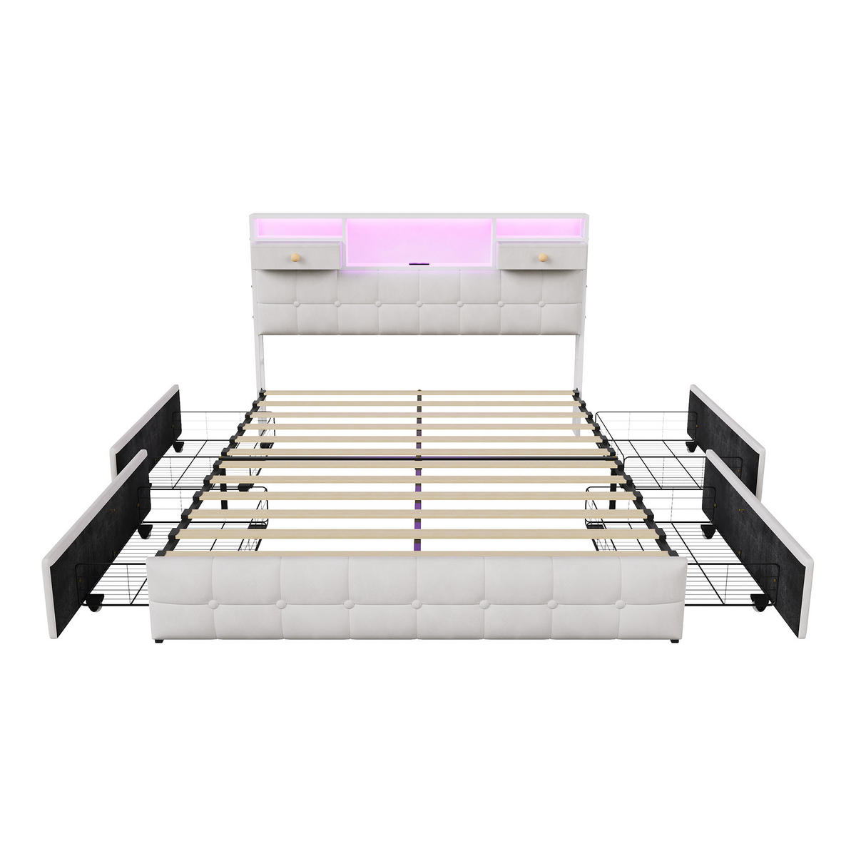 POLSTERBETT 140x200 cm mit LED, USB & 4 Schubladen, Cremeweiß - Creme, Metall (140/200cm) - EuroLiving