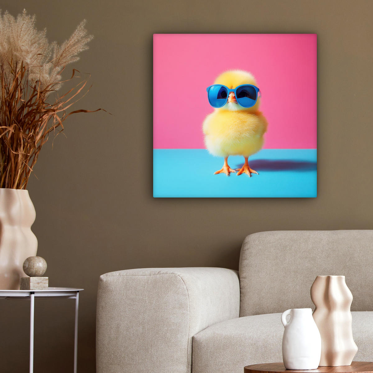 LEINWANDBILD Chick - Sonnenbrille - Blau Wandbild Wohnzimmer 50x50 cm - Pink/Gelb, Textil (50/50cm) - MuchoWow