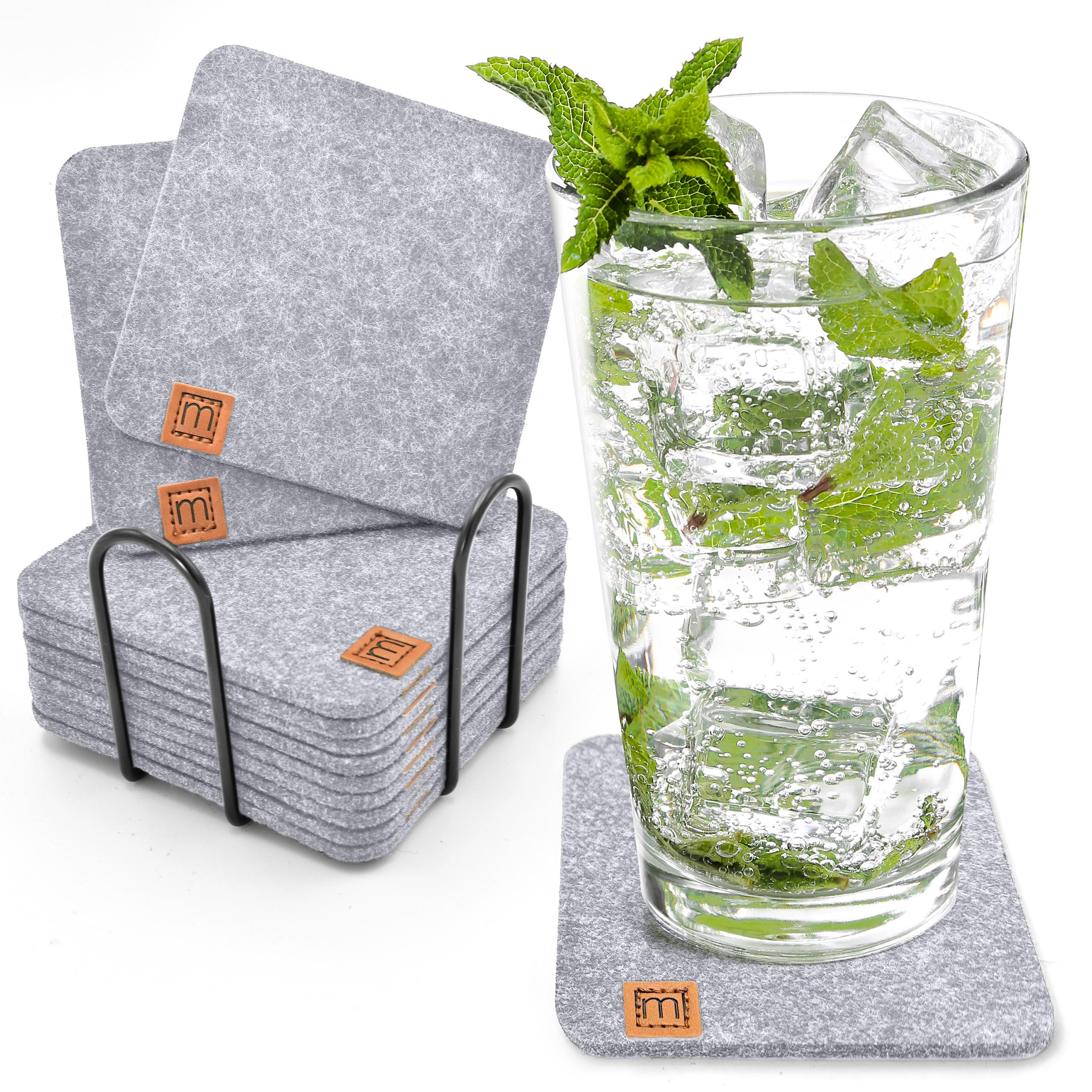 GLASUNTERSETZER mit Lederlabel / Mit Halter 12er-Set - Hellgrau, Textil (10/10cm) - Miqio Design