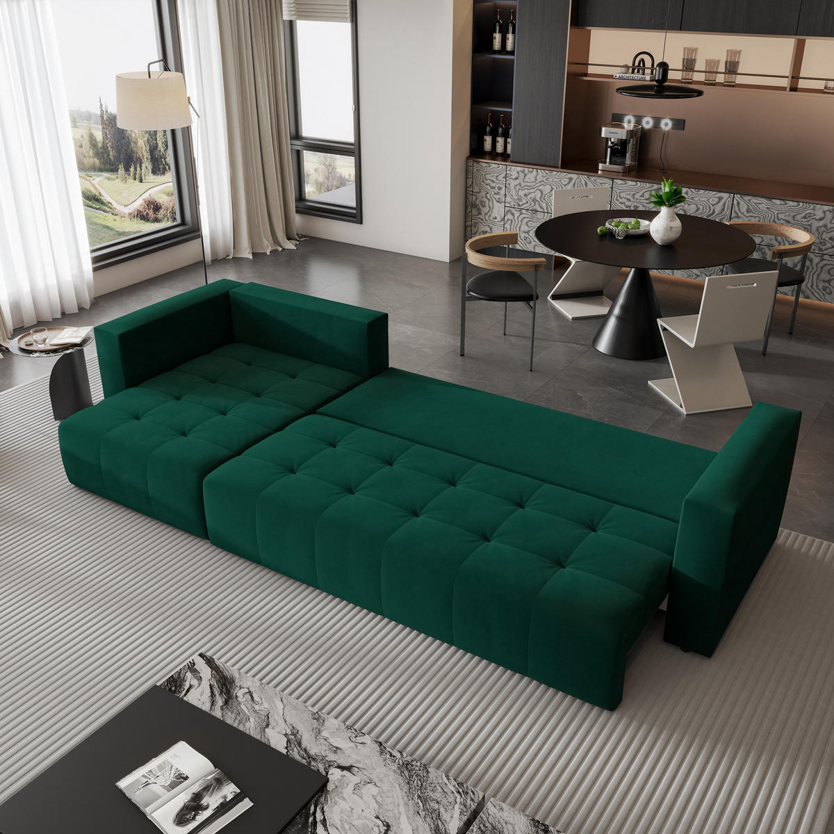 ECKSOFA OLVERA Grün Plüsch-Stoff mit Schlaffunktion - Grün, Holz (347/148cm) - MASSENO