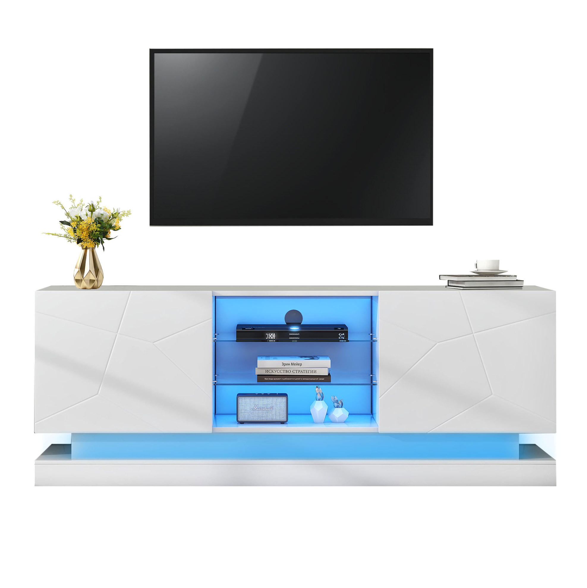 TV-LOWBOARD 160/38,5/60 cm in Weiß mit Glasablage und Kabelmanagement - Weiß, Holzwerkstoff (160/60/38.5cm) - Flora Grace