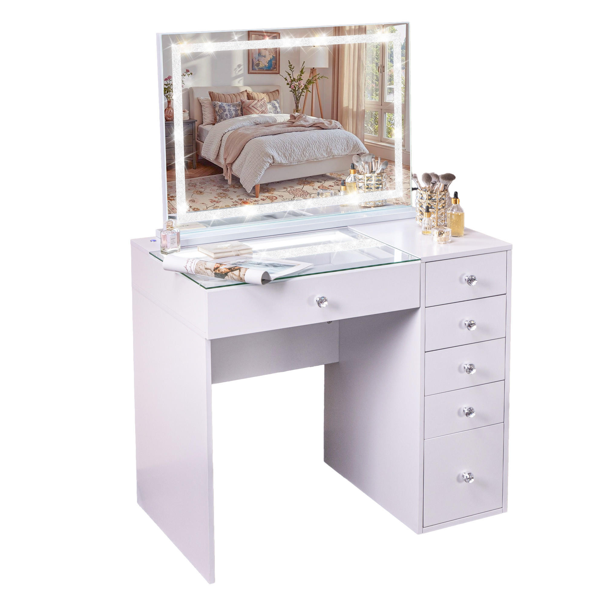 SCHMINKTISCH mit 6 Schubladen 92/55/81 CM und LED Beleuchtung Schminkspiegel Lichtleiste gestreute Diamanten und Bluetooth weiß 80/58 cm - Weiß, Holz (55/81/92cm) - VANITII