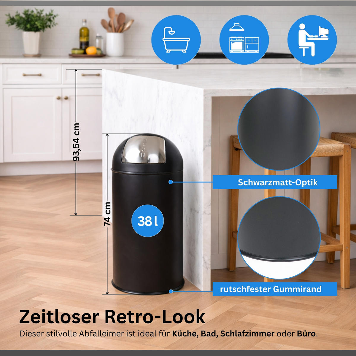 MÜLLEIMER 38 Liter mit Push Klappe Matt Schwarz - Schwarz, Metall (35.5/74/35.5cm) - PROREGAL