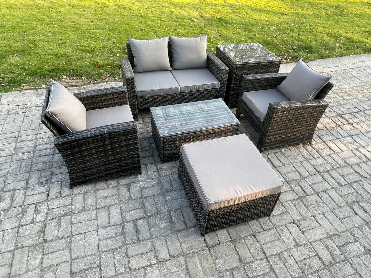 GARTENGARNITUR Polyrattan Dunkelgrau 9-Sitzer - Dunkelgrau, Metall - Fimous