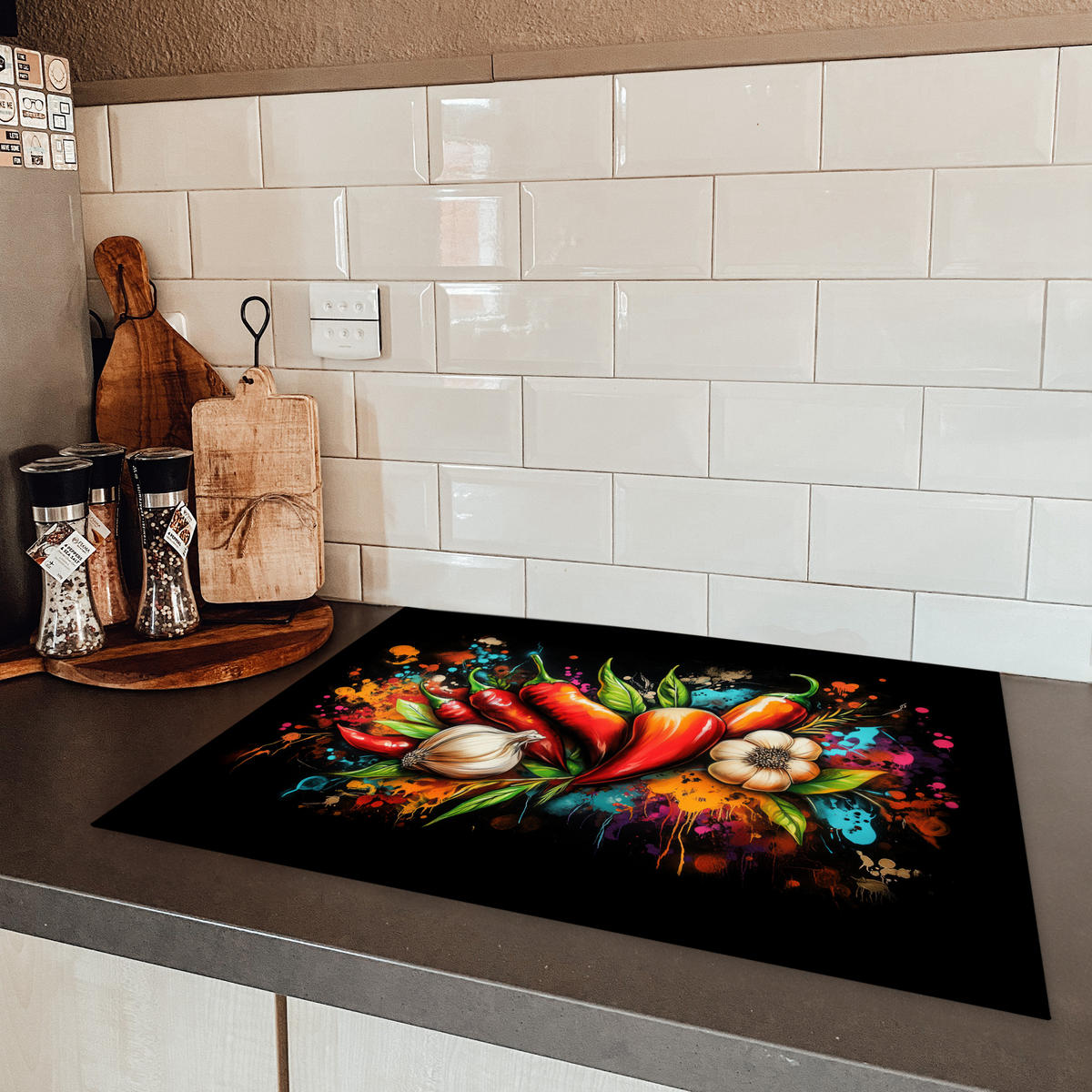 HERDABDECKPLATTE Gemüse - Paprika - Knoblauch - Graffiti - Farbe - Bunt 71x52 cm - Rot, Kunststoff (71/0.2/52cm) - MuchoWow