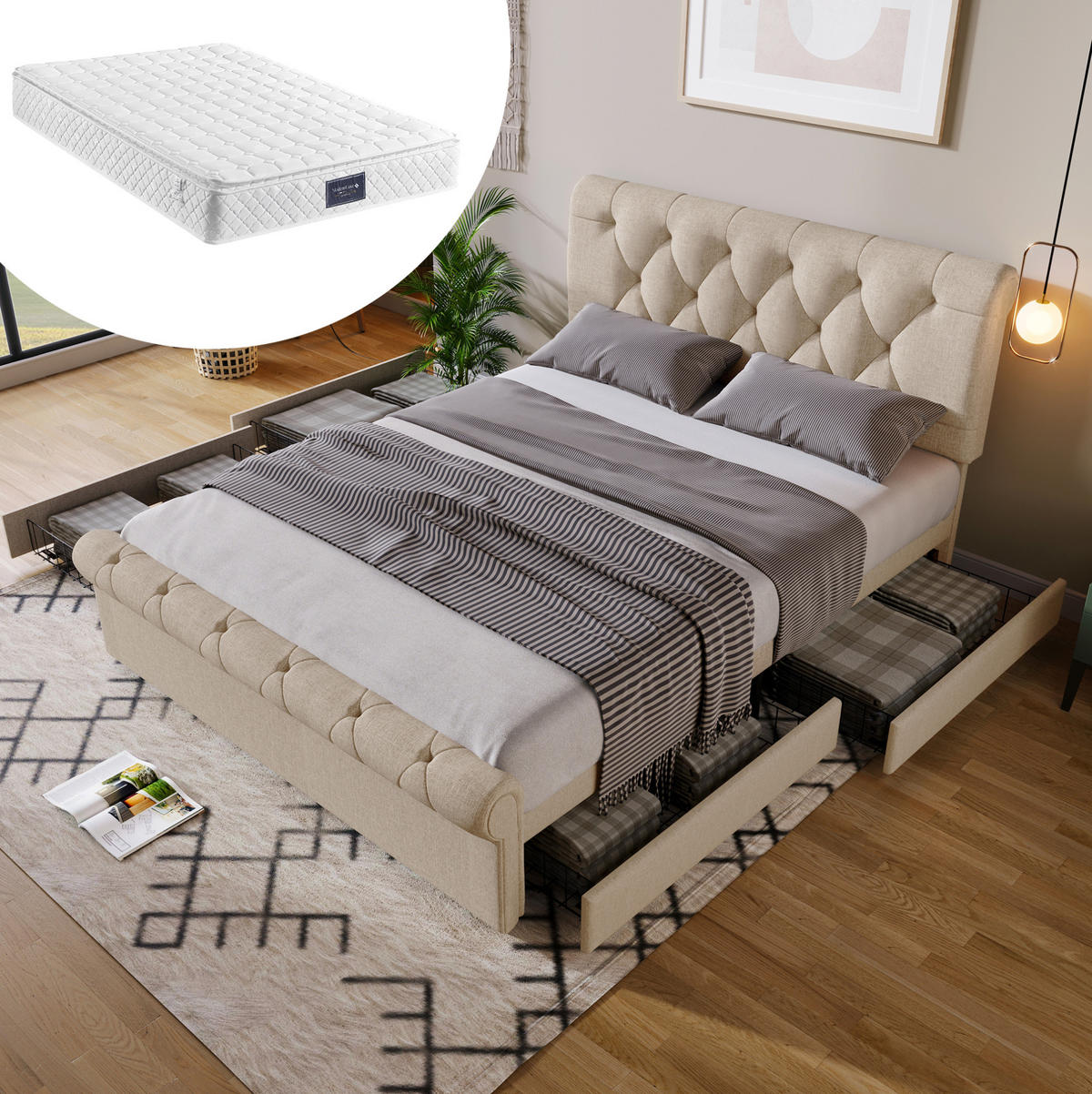 BETT mit 4 Schubladen 140x200 cm Leinen Natur inkl. Matratze - Beige, Holz (140/200cm) - Meubliv