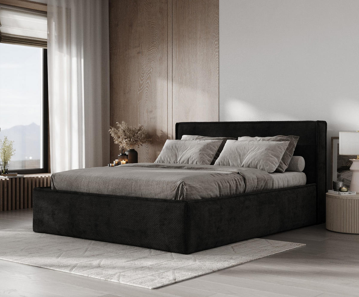 POLSTERBETT Sato mit Stauraum 120/200 cm Schwarz im Bonita Stoff - Schwarz/Naturfarben, Holz/Holzwerkstoff (120/200cm) - AltaBeds