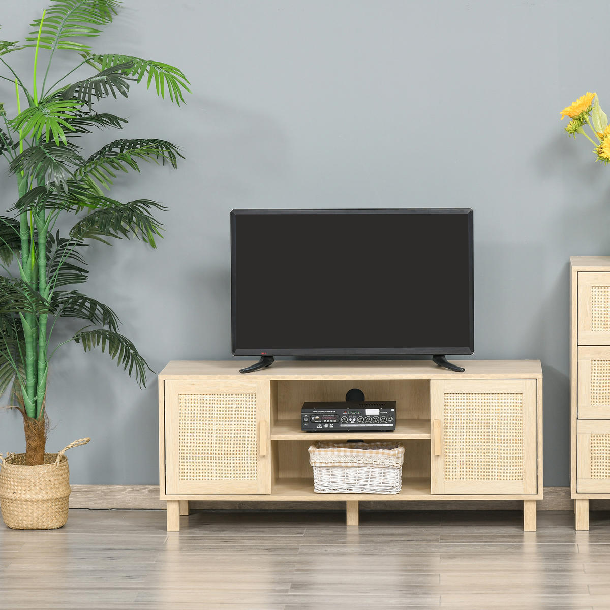 LOWBOARD DE-16078 2 Nischen, 2 Türen aus Rattan Hell Holzoptik - Beige, Holzwerkstoff (115/48/40cm) - ComfortXL