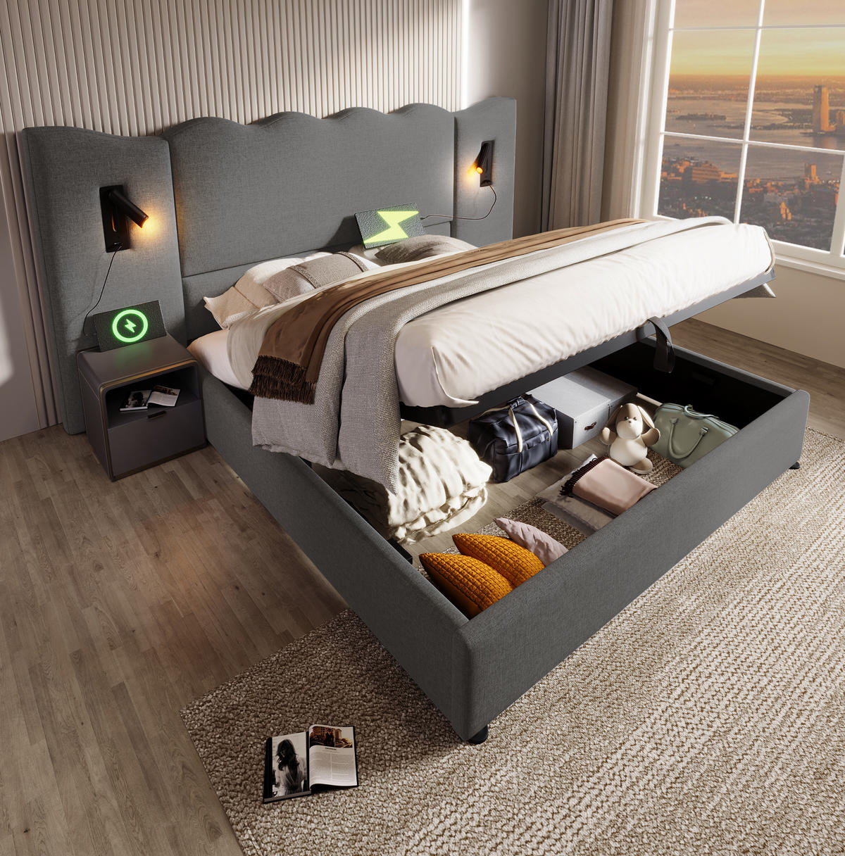 BETT mit Stauraum, Leselampe und Matratze 160x200 cm Leinen Grau - Grau, Metall (160/200cm) - Beauniv