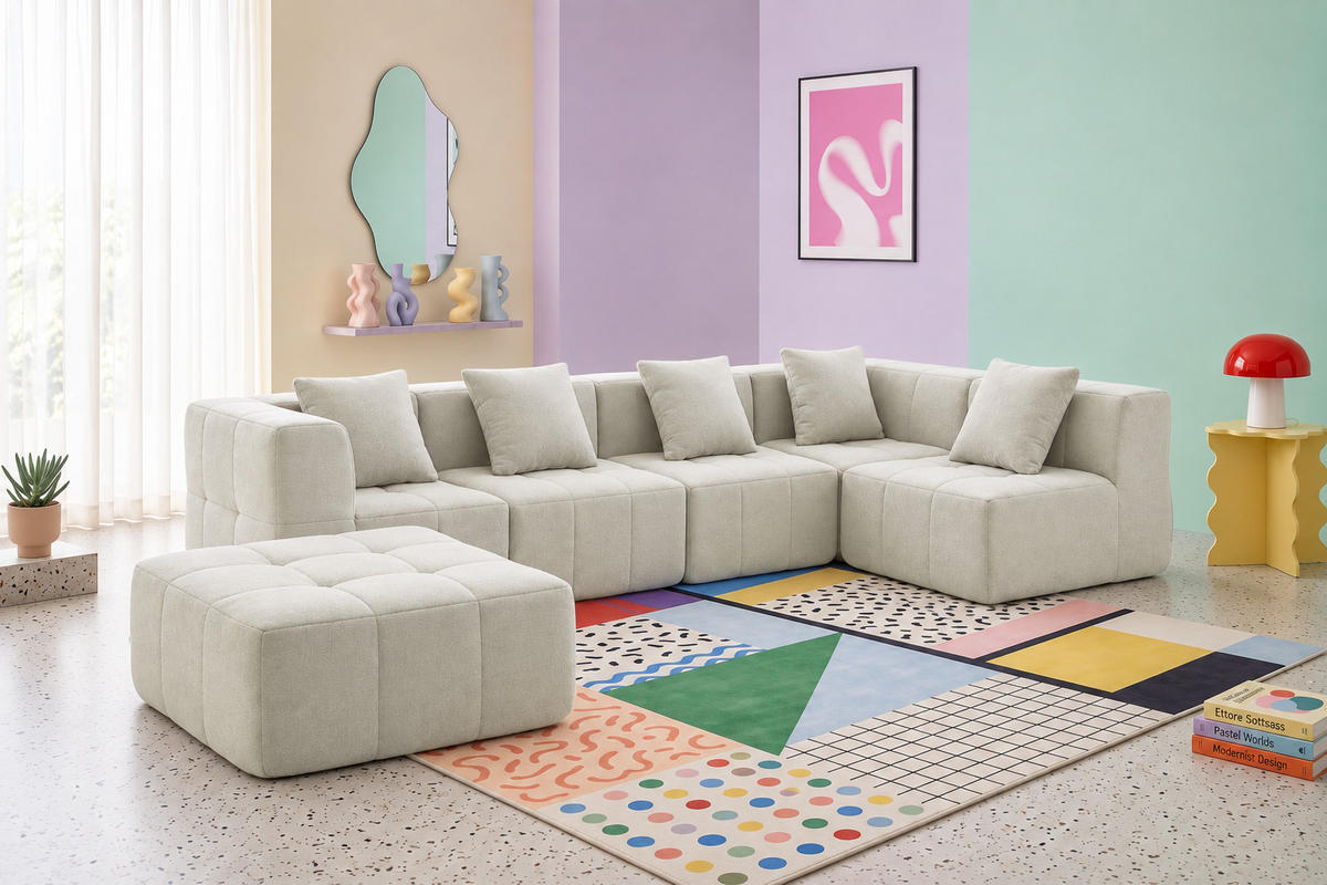 WOHNLANDSCHAFT Bouclé-Stoff Cremebeige - Beige, Textil (340/73/190cm) - MILYsofa