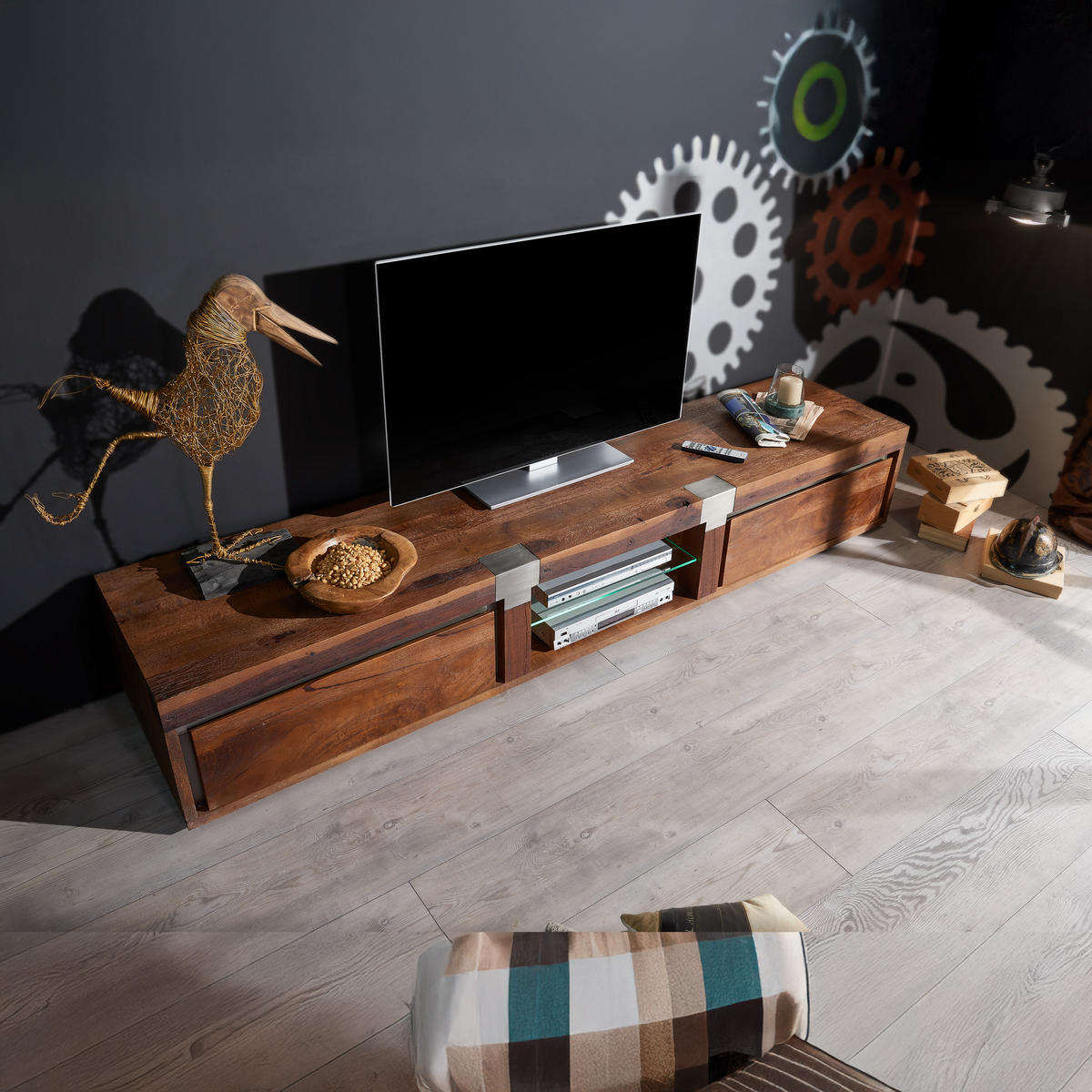 TV-BOARD Mango 240x48x39 braun lackiert Amsterdam #04 - Braun, Holz (240/39/48cm) - Massivmoebel24