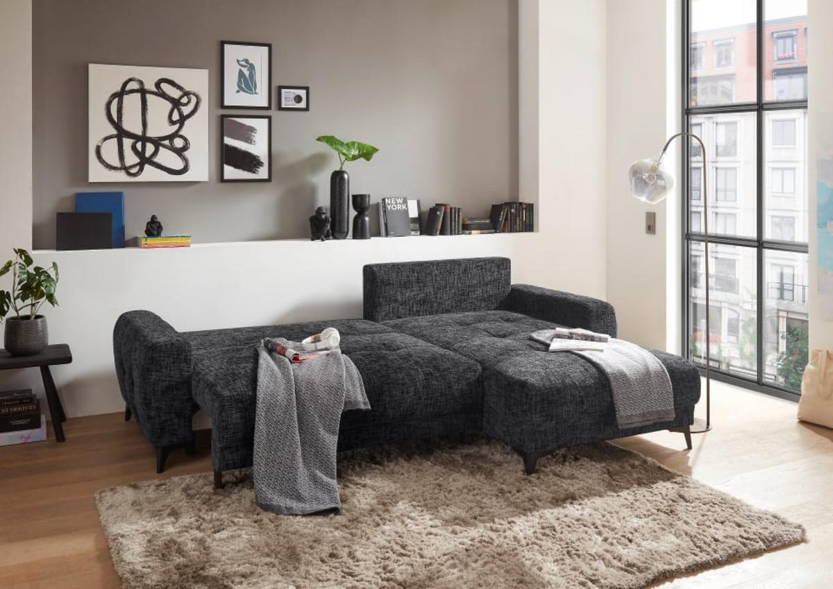 ECKSOFA beidseitig montierbar, Schlaffunktion mit Bettkasten - Anthrazit/Schwarz, Textil/Metall (281/189cm) - ed exciting design