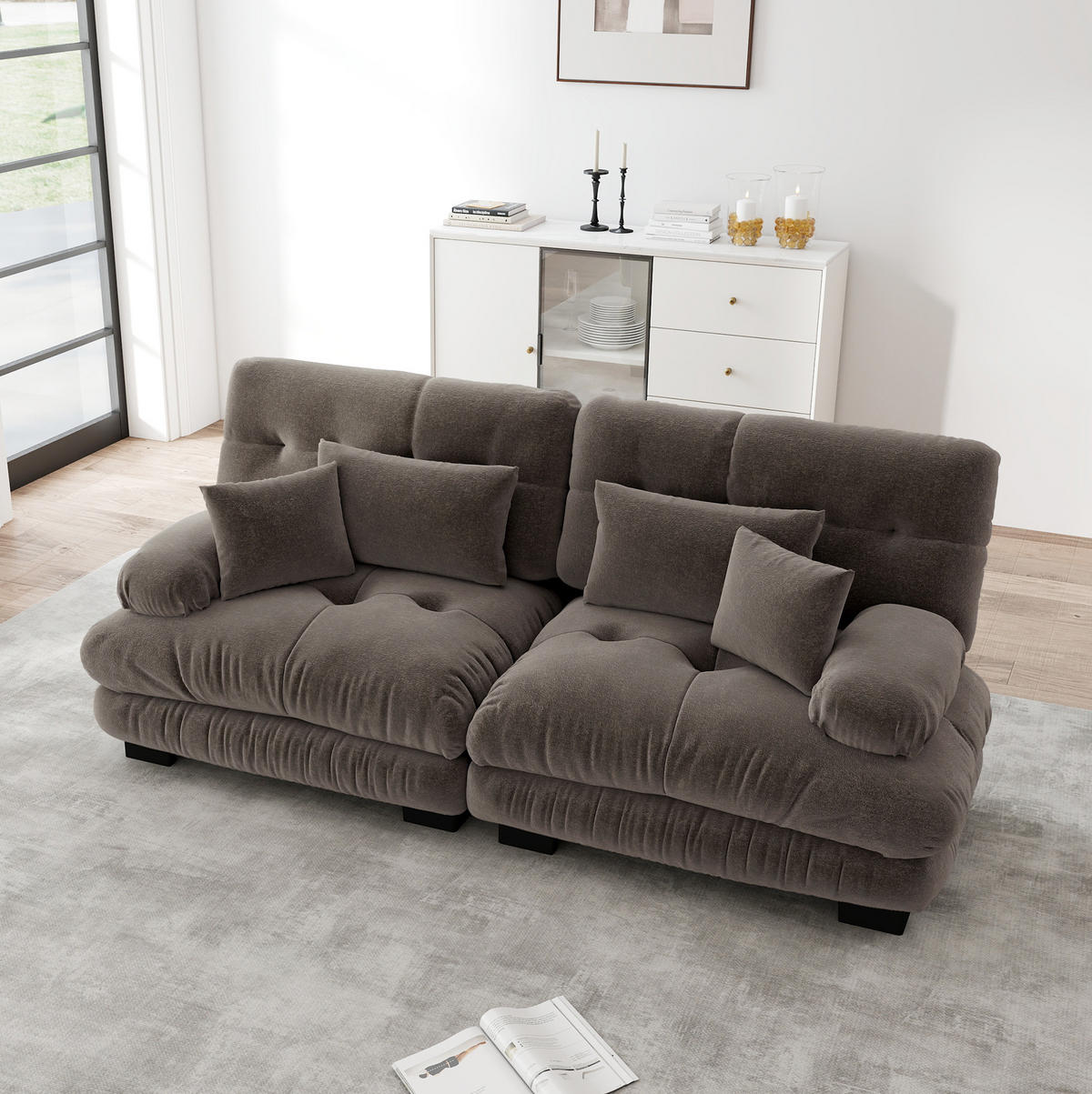 ECKSOFA 220/77/81 cm braun aus Chenille mit modularem Design und Kissen - Braun, Textil (77/220cm) - OKWISH
