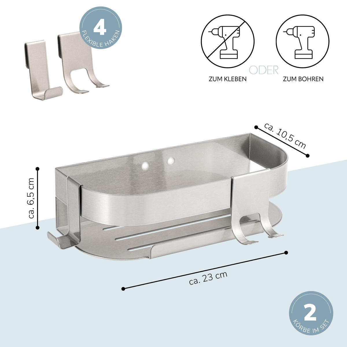 DUSCHABLAGEN (2er Set), Edelstahl - Edelstahlfarben, Metall (23/6.5/10.5cm) - eluno