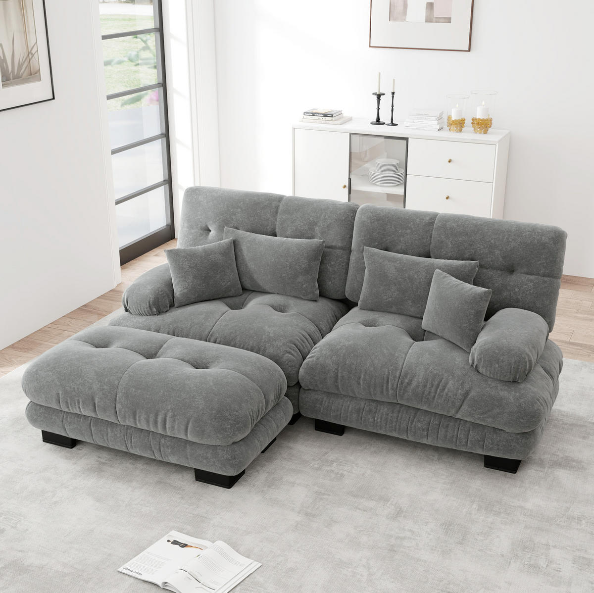 SOFA modular mit Ottomane Chenille Grey - Hellgrau, Kunststoff (145/220cm) - Meubliv