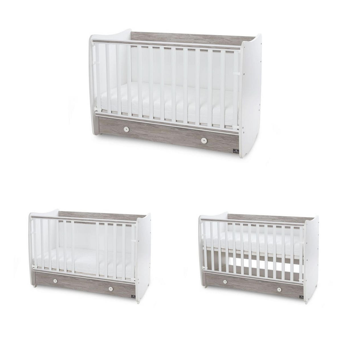 BABYBETT Dream NEW 120 weiß grau 120 x 60 cm, Schaukelbett, Schreibtisch, Hubgitter, 2 Höhenpositionen - Grau, Holzwerkstoff (60/120cm) - Lorelli
