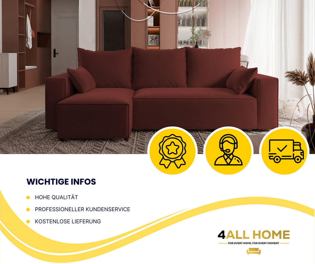ECKSOFA Tobi mit Bettkasten und Schlaffunktion, L-Form, Velourstoff, Universal - Weinrot, Holzwerkstoff (246/145cm) - 4ALL HOME