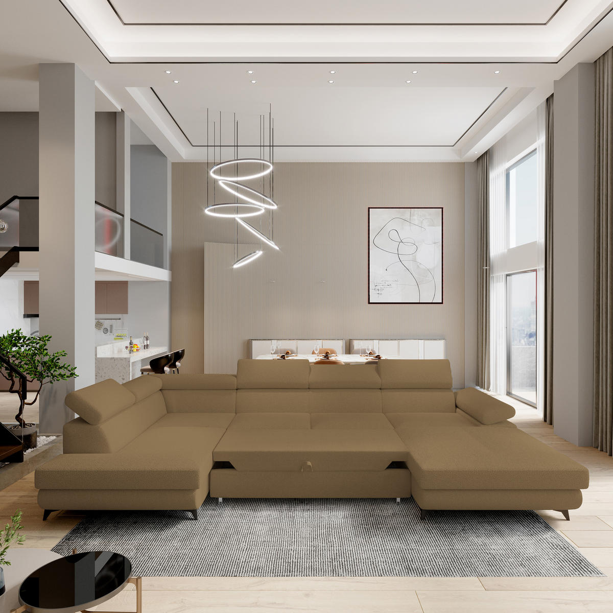 WOHNLANDSCHAFT RUBANO L-S Orange Boucle-Stoff mit Schlaffunktion - Orange, Holz (339/89/190cm) - MASSENO