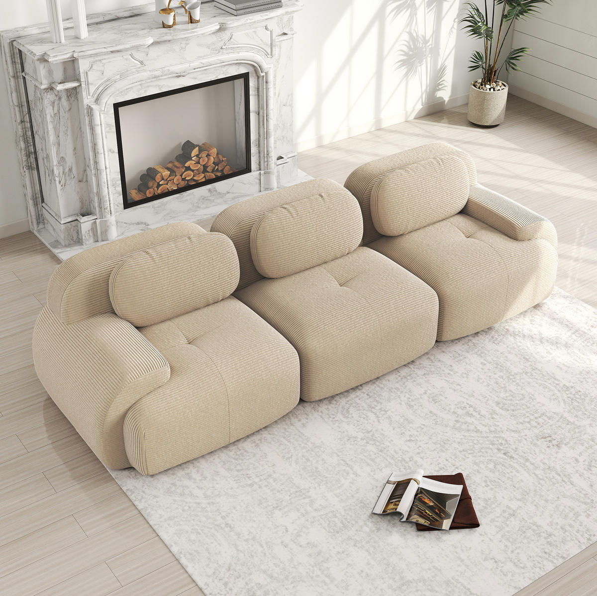ECKSOFA 298/103/75 cm beige aus Cord rahmenlos und modular ohne Montage - Beige, Textil (103/75/298cm) - OKWISH