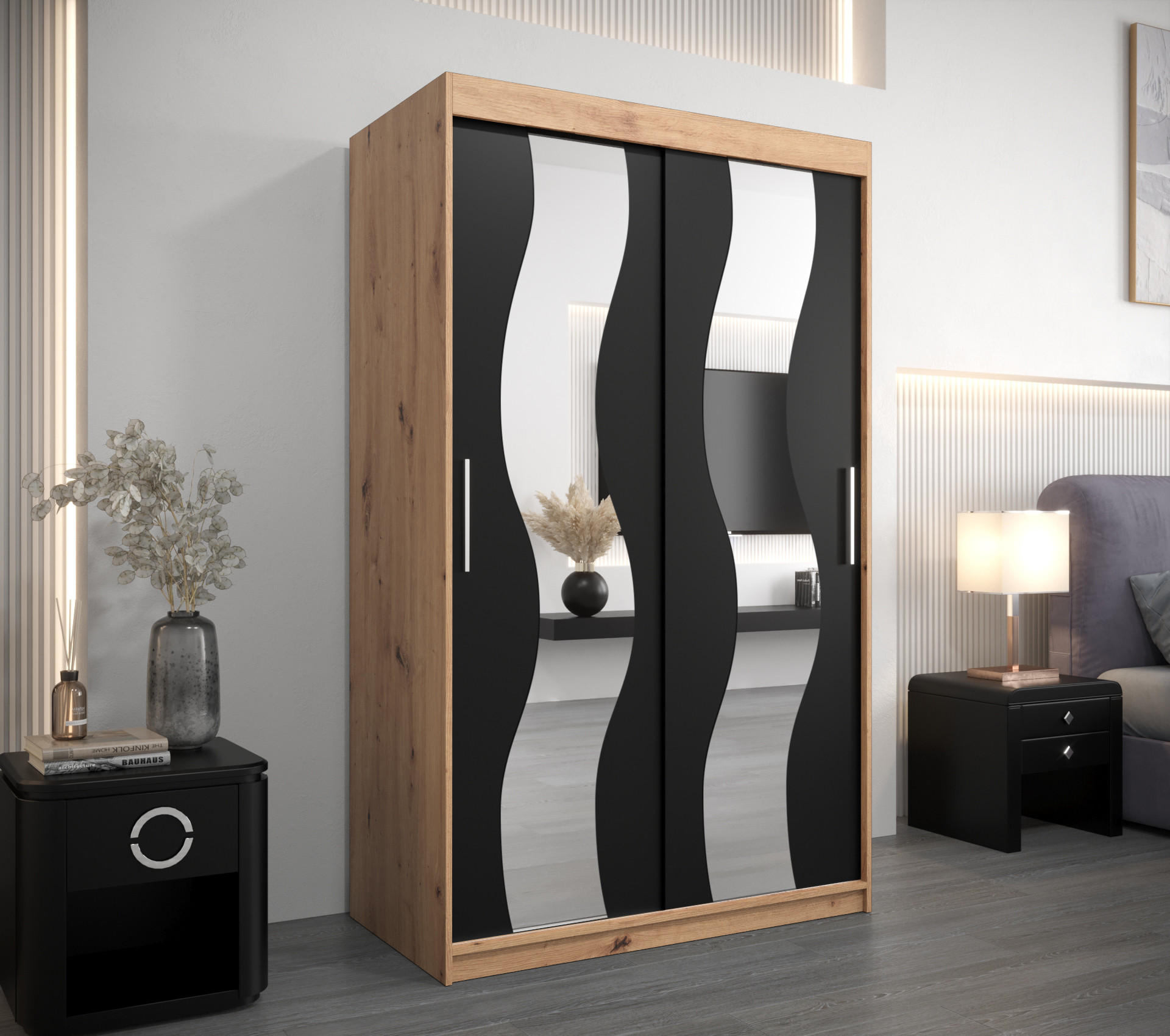 SCHWEBETÜRENSCHRANK 200/120/62 2-türig - Silberfarben/Schwarz, Holz/Kunststoff (120/200/62cm) - Abiks Möbel