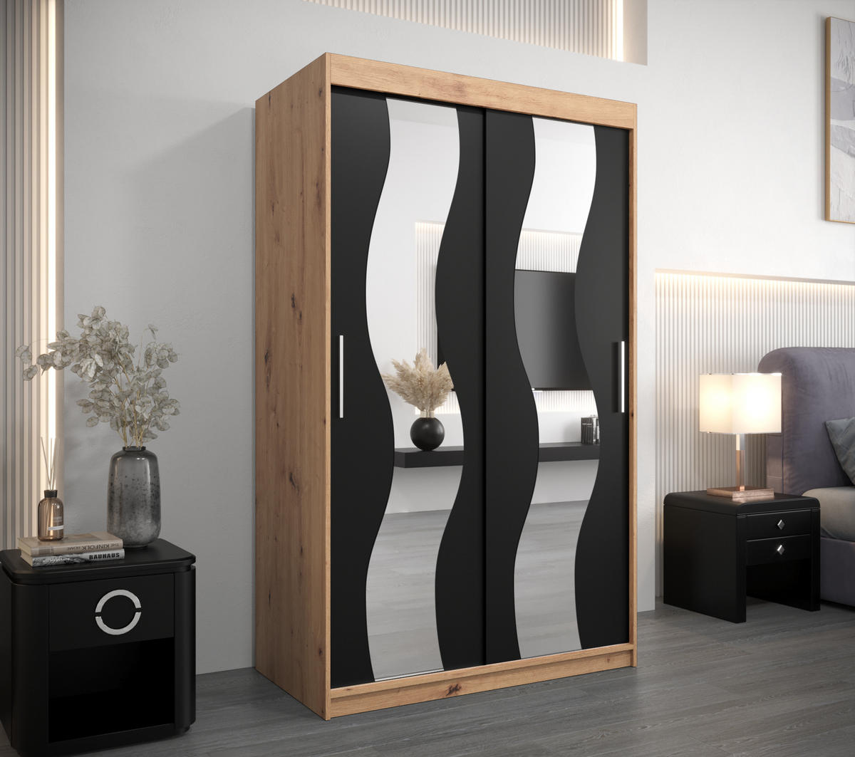 SCHWEBETÜRENSCHRANK 200/120/62 2-türig - Silberfarben/Schwarz, Holz/Kunststoff (120/200/62cm) - Abiks Möbel