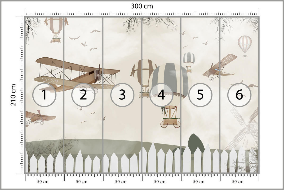 FOTOTAPETE für Kinderzimmer Retro Flugzeuge Ballons Vintage Beige 300x210 - Beige/Braun, Papier (300/210cm) - Muralo
