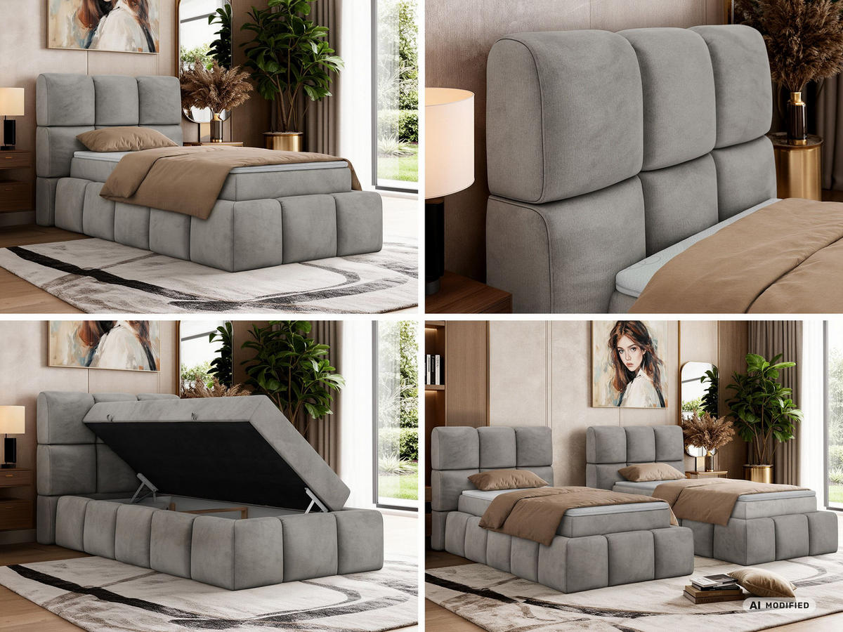BOXBETT NIRA 90/200 - Hellgrau Velvet - Topper T25 - H4 - Hellgrau/Schwarz, Kunststoff/Textil (90/200cm) - MKS