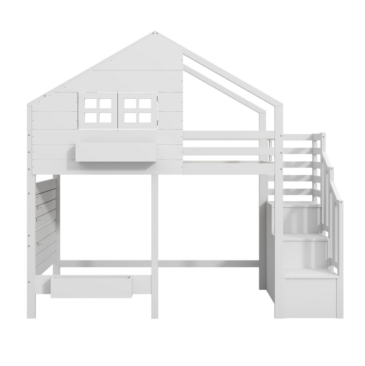 KINDEREINZELBETTEN aus Massivholz 90x200 cm in Weiß mit Stauraumtreppe & Fenster - Weiß, Holz (90/200cm) - Modfu