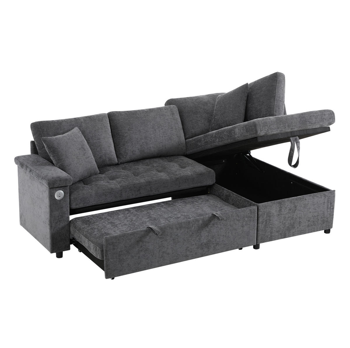 SCHLAFSOFA 209/130/84 cm in Dunkelgrau – mit Stauraum und USB-Anschluss - Dunkelgrau, Textil (130/84/209cm) - BEAOK