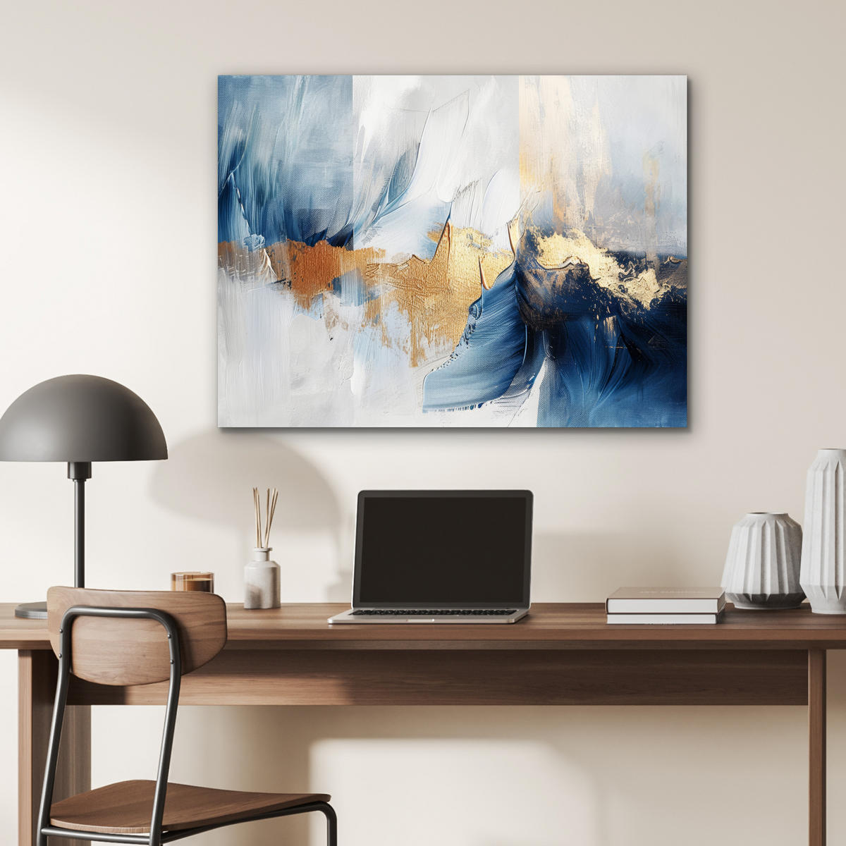 KOVOVÝ OBRAZ Zlatá - modrá - akvarel - umenie - moderné 80x60 cm - svetlomodrá, kov (80/60cm) - MuchoWow