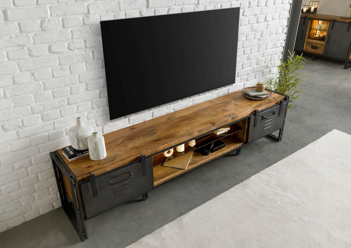 TV-BOARD Mango / Altholz 240x45x55 natur lackiert / Metall grau BLACKBURN LUX #556 - Naturfarben, Holz (240/55/45cm) - Massivmoebel24