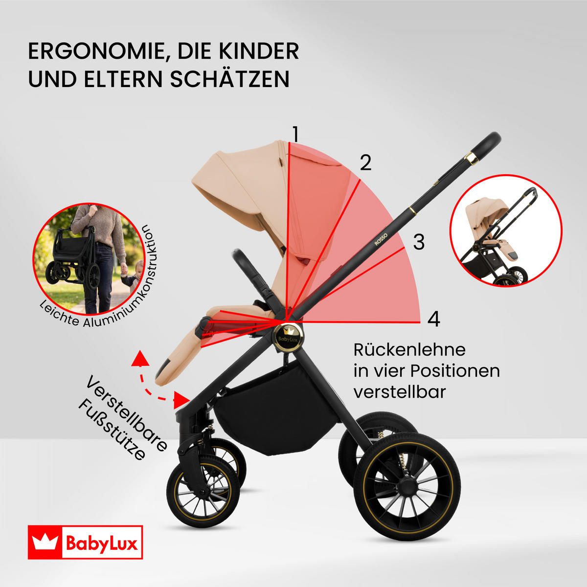 KINDERWAGEN Rosso 2in1 Beige Babywanne, Buggy Sportsitz, Faltbar, Wickeltasche - Beige/Schwarz, Textil/Metall (58/100cm) - BabyLux
