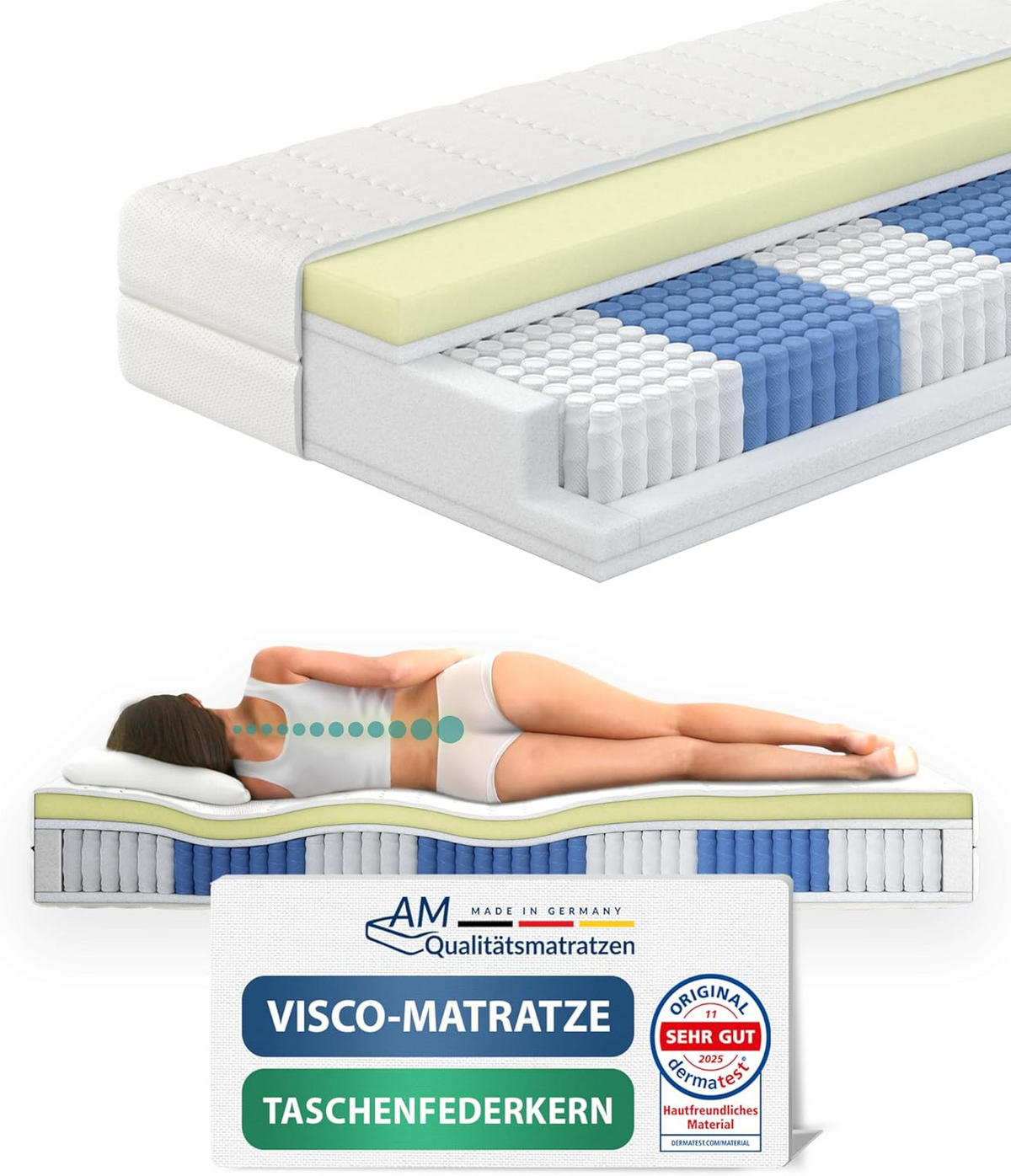 MATRACE s taštičkovými pružinami Visco, 1000 pružin, 200/200 cm, H2 - výška 24 cm a potah Tencel - bílá, textil (200/200cm) - AM Qualitätsmatratzen