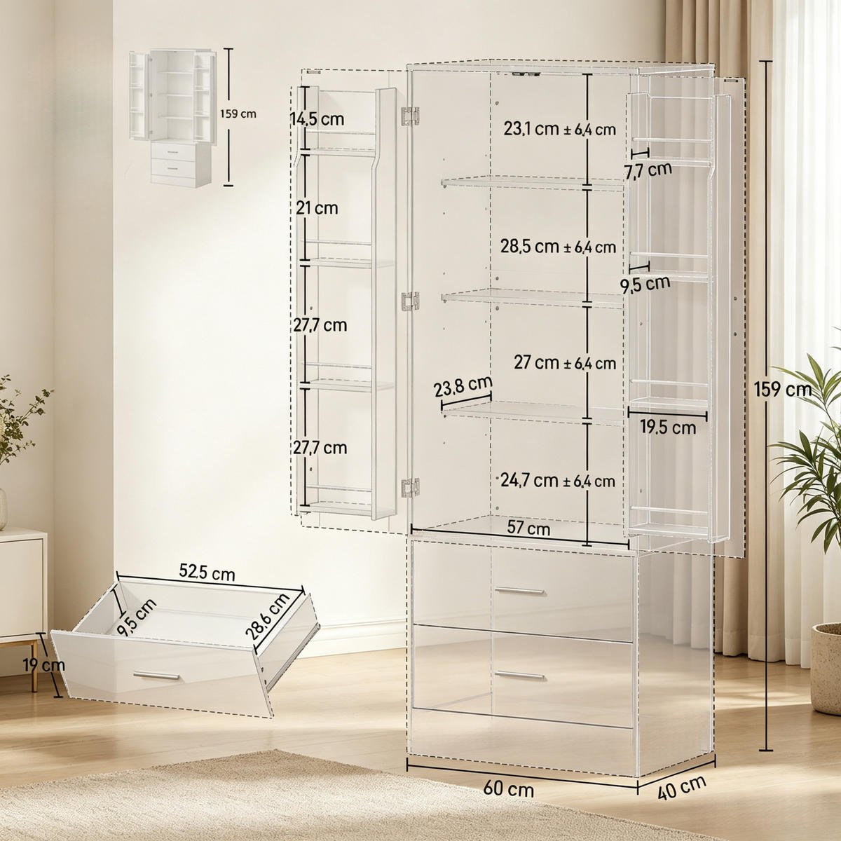 HIGHBOARD DE-38832 60/40/159 cm 2 Türen und 8 Gewürzfächer Weiß - Weiß, Holzwerkstoff (60/159/40cm) - ComfortXL