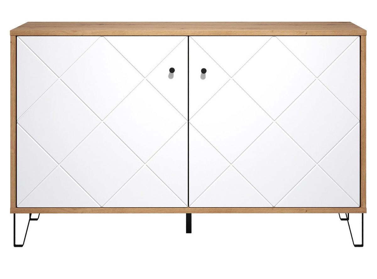 KOMMODE weiß matt mit Rautenoptik, Eiche Artisan 123 cm, Sideboard mit Soft-Close - Eichefarben/Schwarz, Holzwerkstoff/Kunststoff (123/76/40cm) - Top.Furn