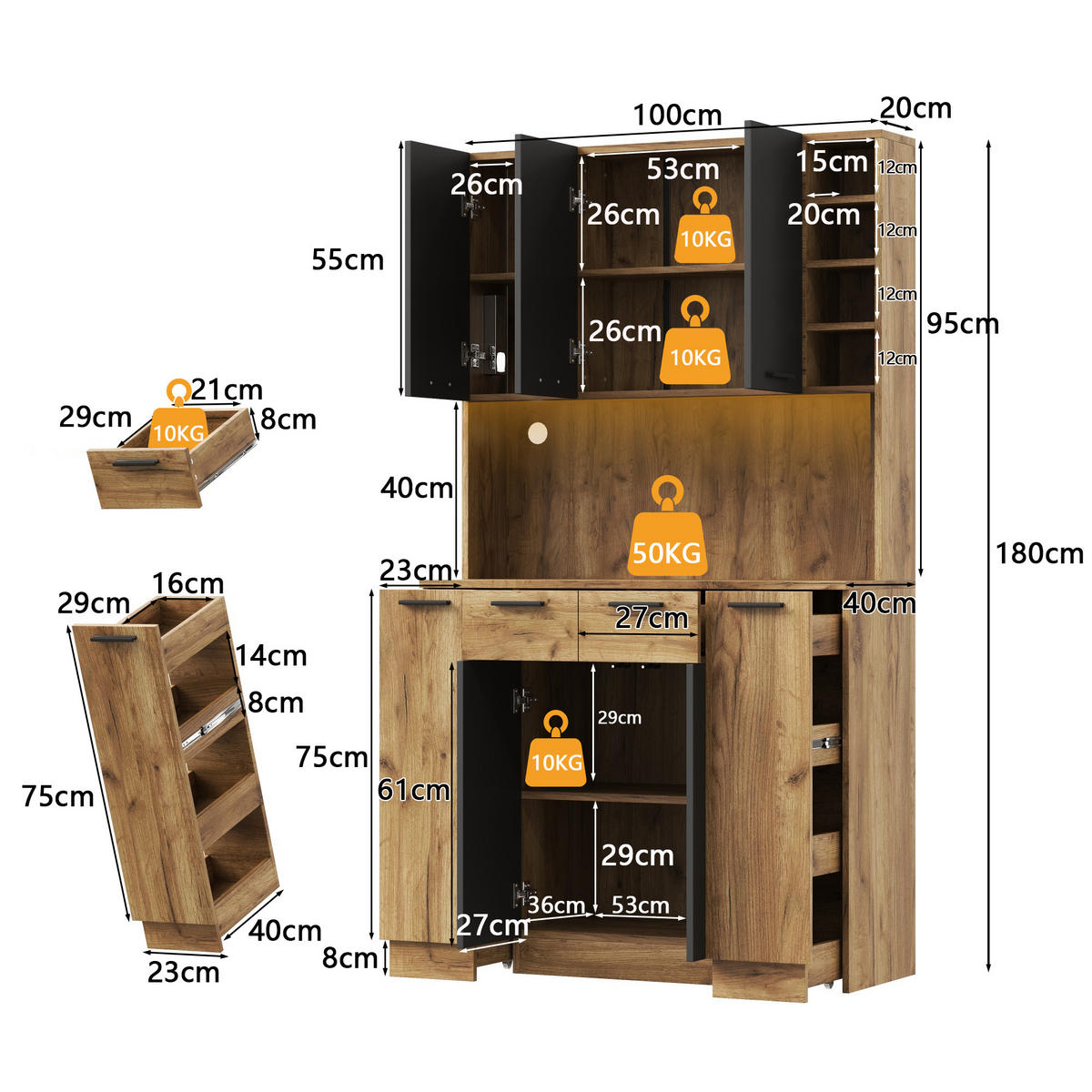 BUFFET DE-38704 100/40/180 cm LED-Beleuchtung und Steckdose Natur - Naturfarben, Holzwerkstoff (100/180/40cm) - ComfortXL