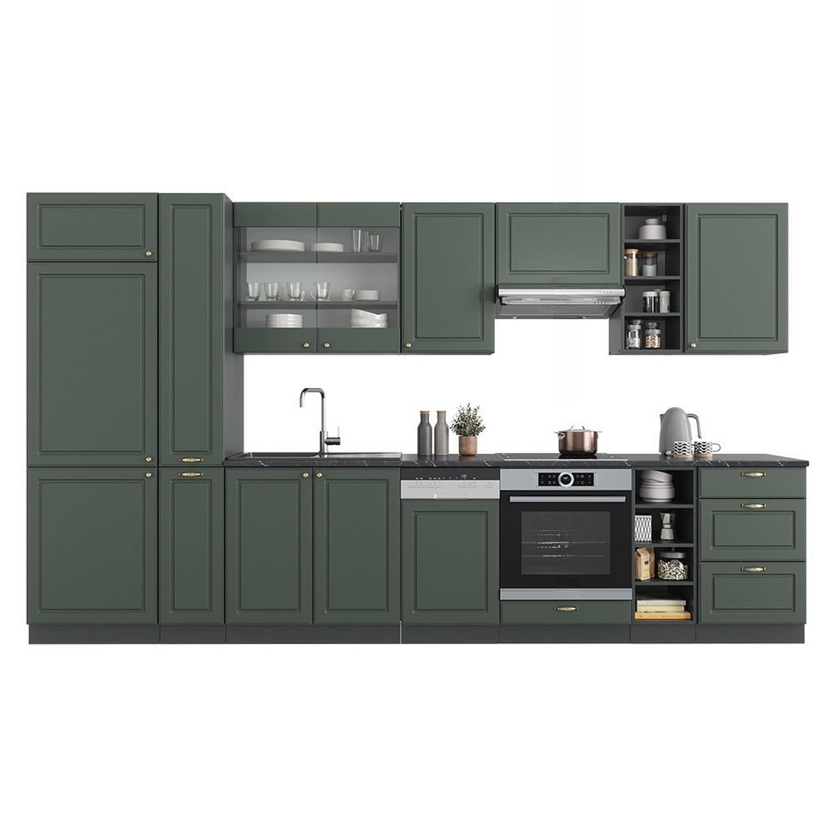 KUHINJSKI BLOK Fame-Line Zeleno-zlato Country House/Anthracite 355 cm , DP Antracit - zelena/antracit, leseni material (355/206.8/60cm) - Vicco