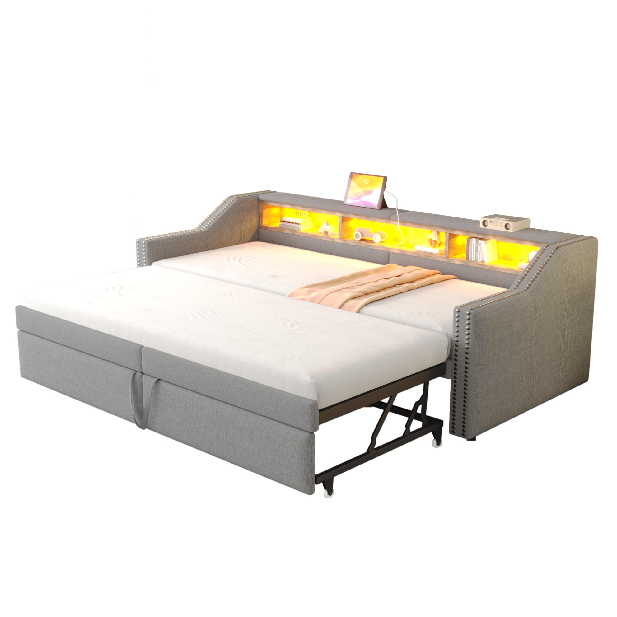 MULTIFUNKTIONSBETT 90/200 cm und 180/200 cm Hellgrau mit Ausziehbarem Schlafsofa und LED-Beleuchtung Mit Matratze - Hellgrau, Textil (90/200cm) - OKWISH