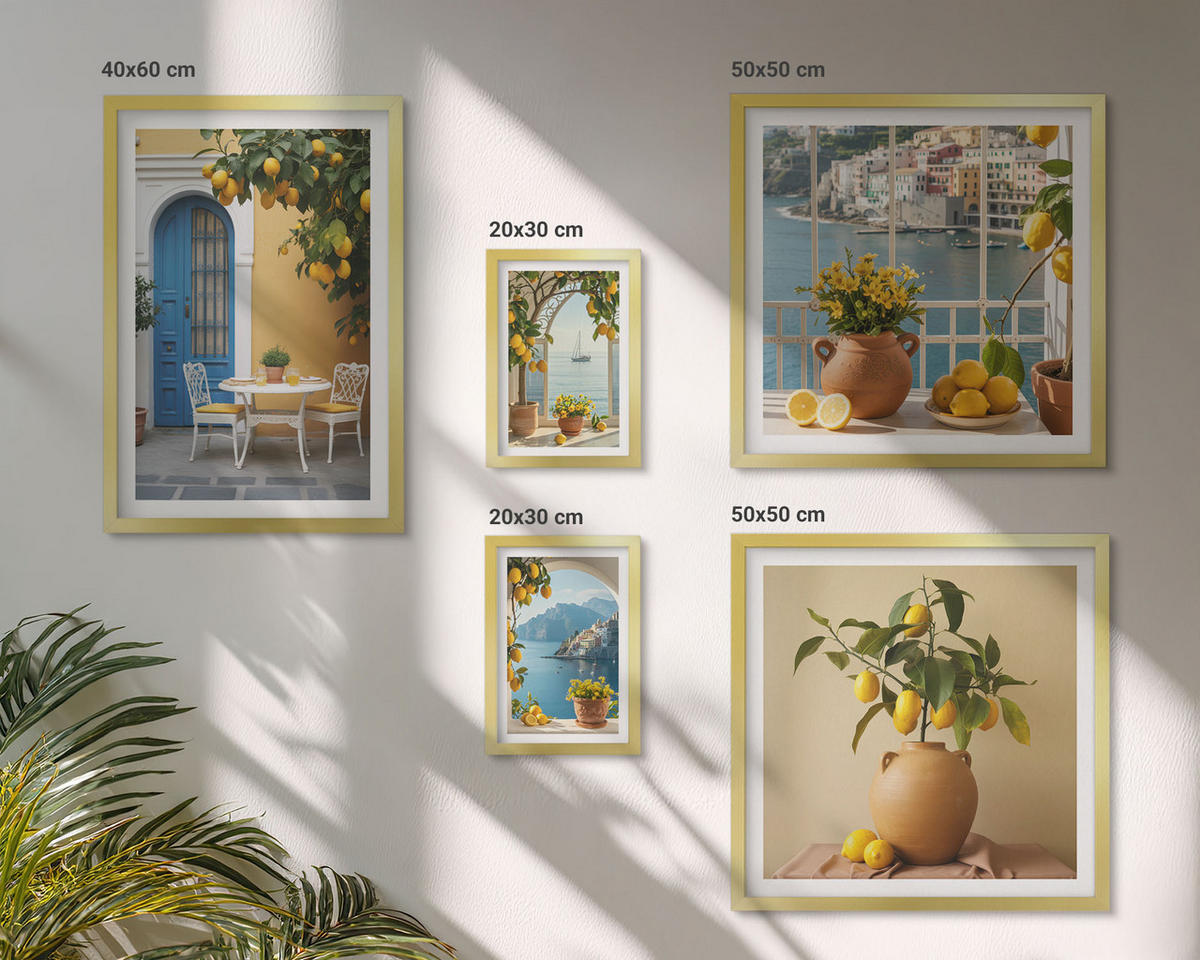 BILDER SET 5er Set - 50x50 cm & 20x30 cm & 40x60 cm Goldrahmen - Meereslandschaften, Zitronen, Fenster - Goldfarben, Kunststoff (40/60cm) - TULUP
