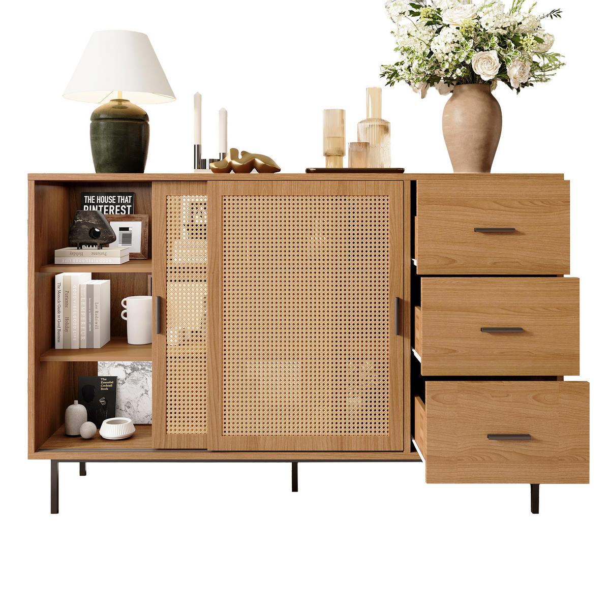SIDEBOARD 140/37/91 cm mit 2 Schiebetüren & 3 Schubladen in Natur - Naturfarben, Holzwerkstoff (140/91/37cm) - BEAOK
